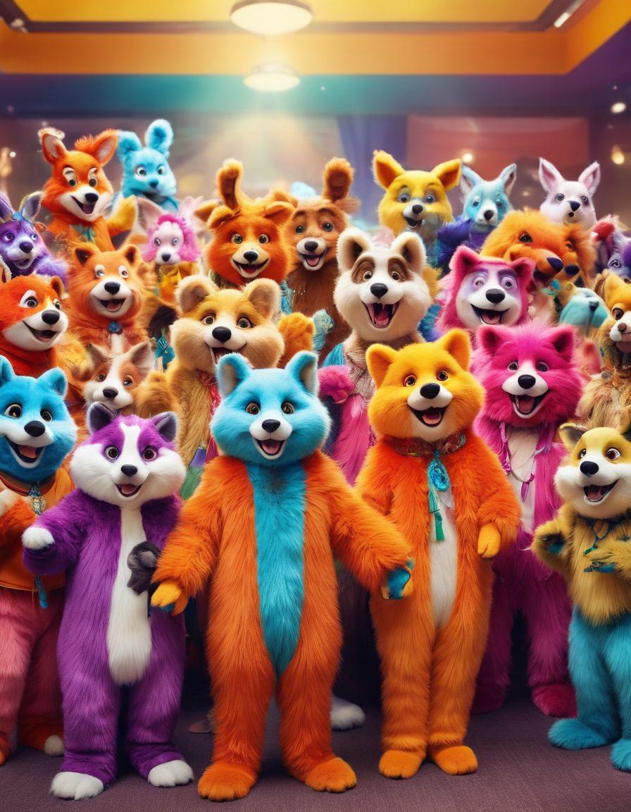 A vibrant and bustling community event filled with people dressed in elaborate furry costumes, featuring colorful anthropomorphic animals interacting joyfully. The setting should be a lively convention hall with a warm and inclusive atmosphere. Include diverse characters, detailed fur suit designs, and expressive faces conveying excitement and unity. vector art. bright colors. dynamic background.